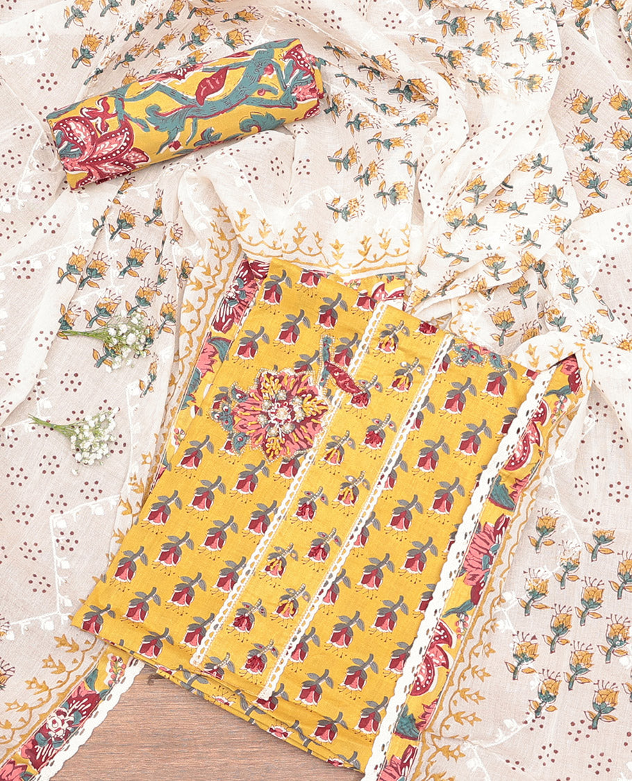 Yellow Cotton Material Churidar Set, Embellished with Floral Print and Embroidery Top, Floral Bottom, and a Printed Dupatta