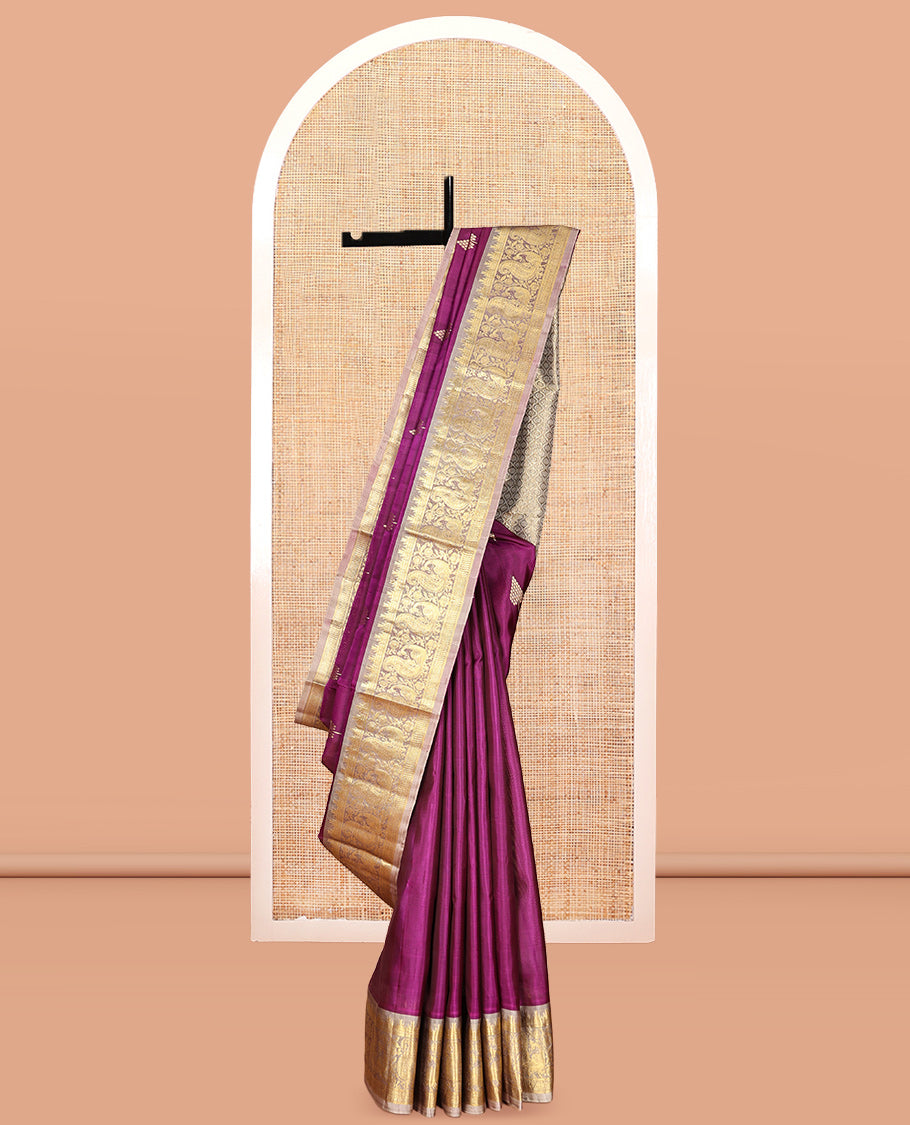 Purple Zari Buttas Venkatagiri Silk Saree, a Contrast Temple Peacock Border, Jaal Pallu, a Contrast Blouse