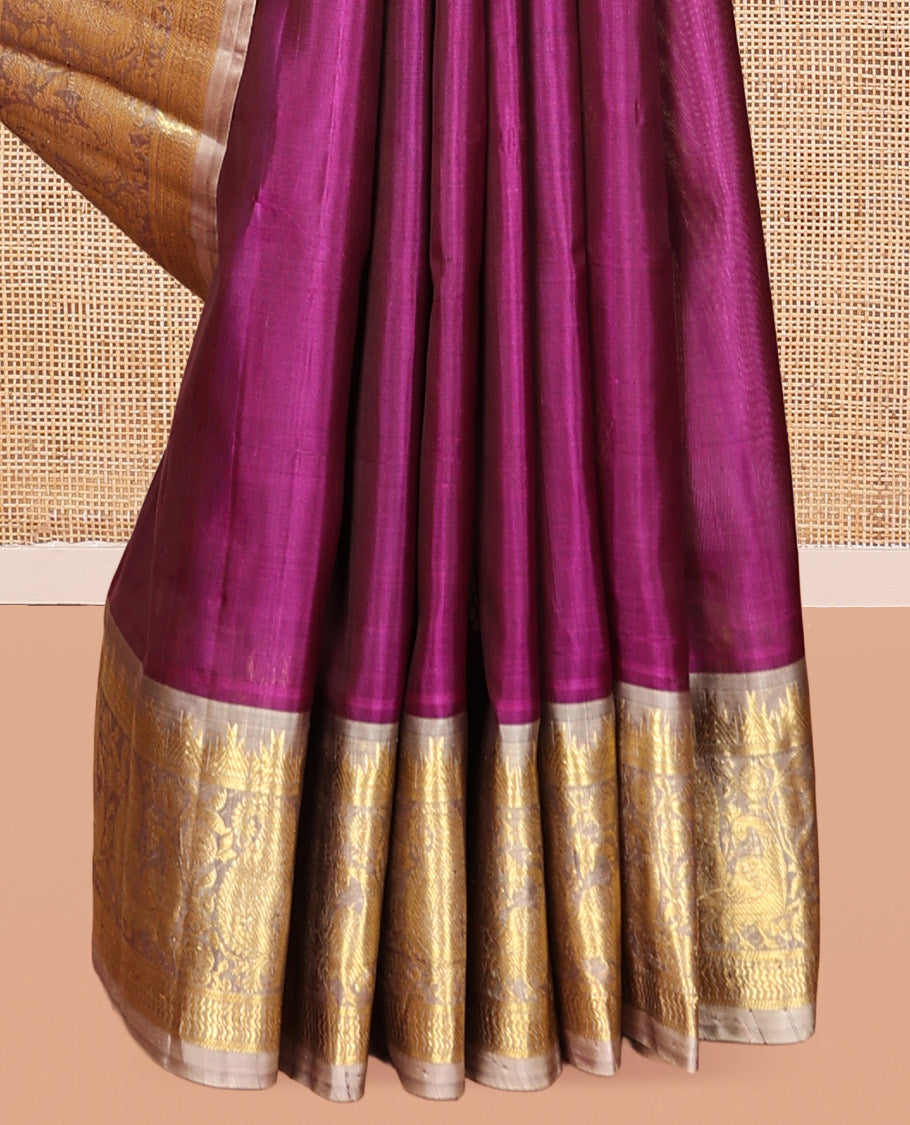 Purple Zari Buttas Venkatagiri Silk Saree, a Contrast Temple Peacock Border, Jaal Pallu, a Contrast Blouse