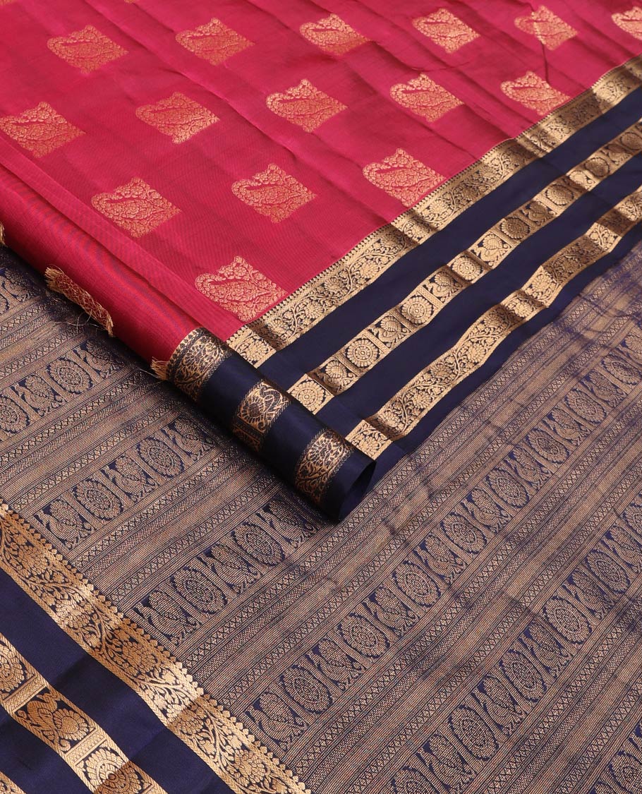 Pink zari buttas Vasundhara silk mix saree, contrast border of thilakam mokku, kathir, kodi visiry, and annam chakram designs, and pallu steeped with traditional designs
