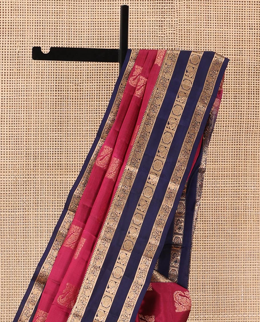 Pink zari buttas Vasundhara silk mix saree, contrast border of thilakam mokku, kathir, kodi visiry, and annam chakram designs, and pallu steeped with traditional designs