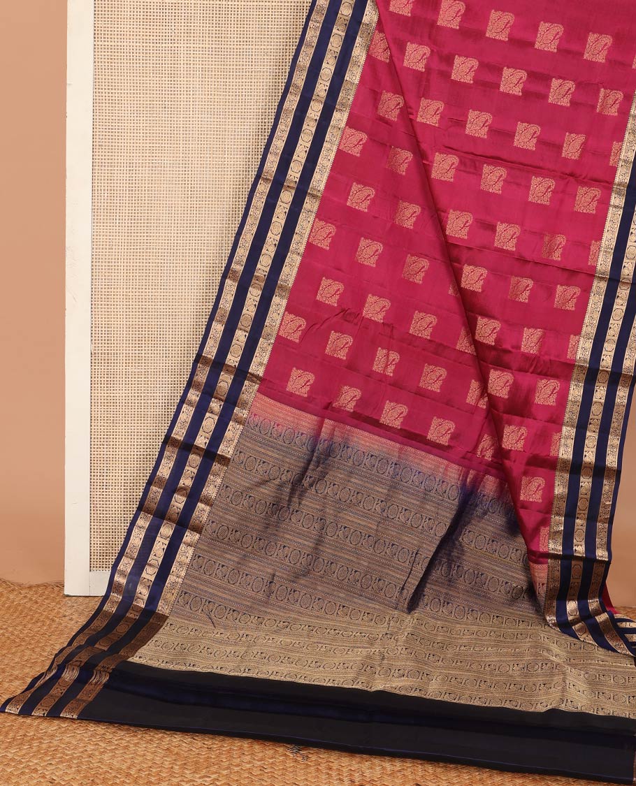 Pink zari buttas Vasundhara silk mix saree, contrast border of thilakam mokku, kathir, kodi visiry, and annam chakram designs, and pallu steeped with traditional designs