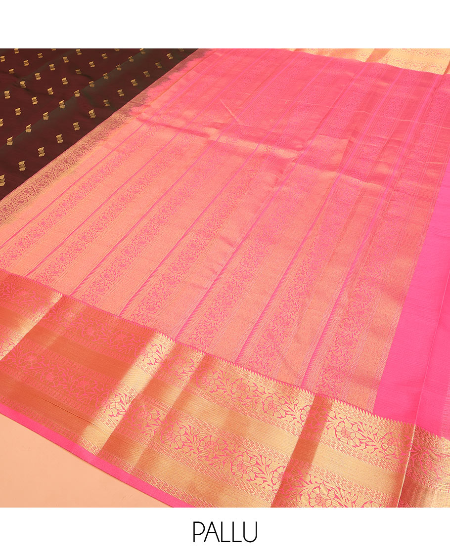 Brown Vasundhara Lite Silk Mix Saree Spotlighted with Zari Buttas, Featuring a Contrasting Zari-Woven Border with Rekku, Muthu, Kathir, and Kodi Visiry Designs, a Delicately Woven Pallu with Kodi Visiry Design, Paired with a Contrast Blouse