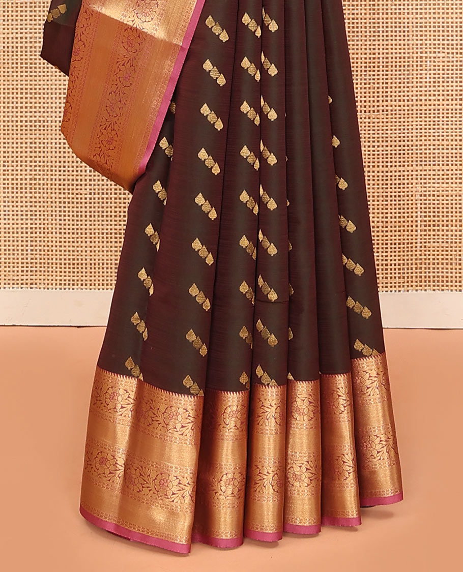 Brown Vasundhara Lite Silk Mix Saree Spotlighted with Zari Buttas, Featuring a Contrasting Zari-Woven Border with Rekku, Muthu, Kathir, and Kodi Visiry Designs, a Delicately Woven Pallu with Kodi Visiry Design, Paired with a Contrast Blouse