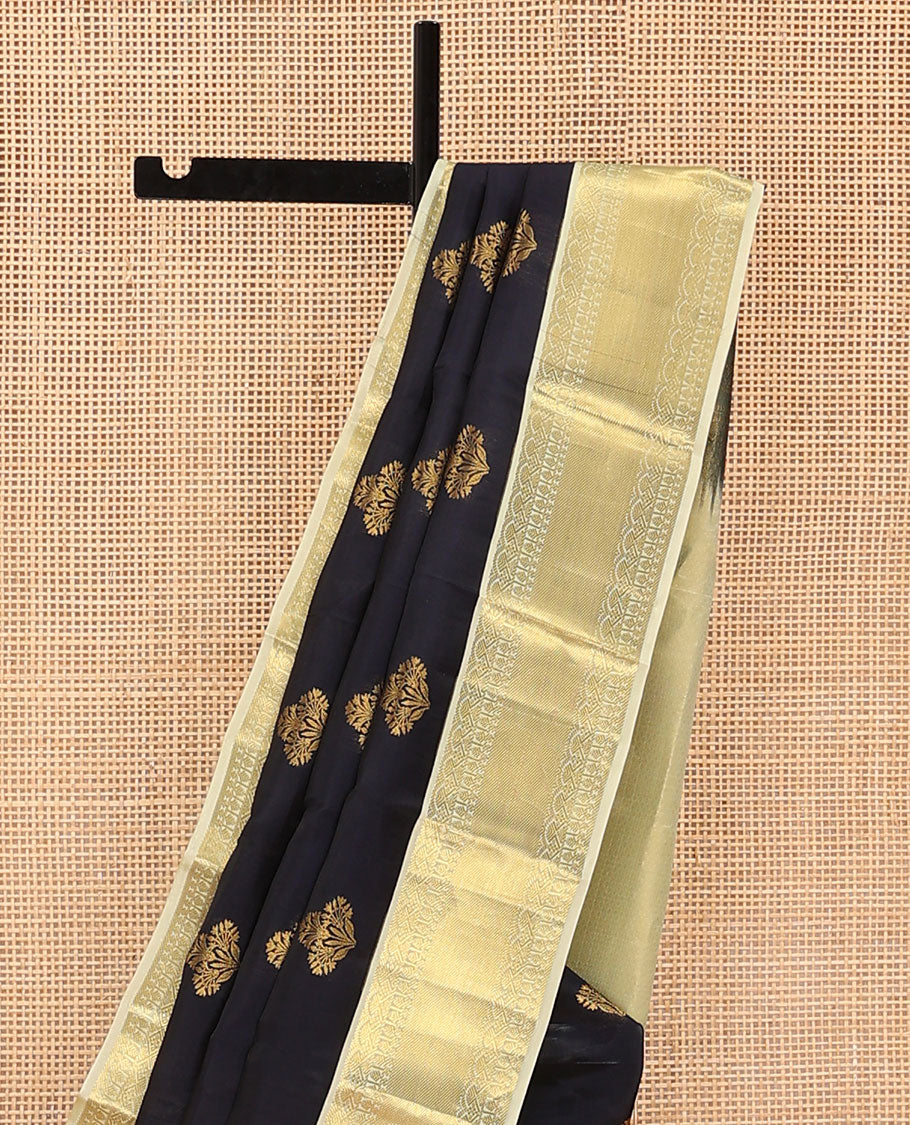 Black Vasundhara Lite Silk Mix Saree Gleamed Up with Floral Zari Buttas, Complemented by a Contrast Border of Salngai, Paisa, and Thilakam Designs, Zari Woven Pallu, and a Contrast Blouse