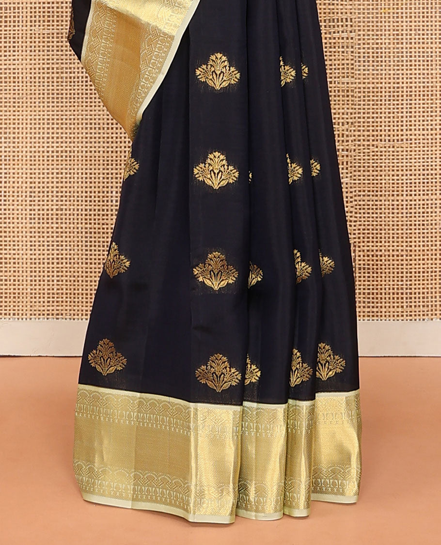 Black Vasundhara Lite Silk Mix Saree Gleamed Up with Floral Zari Buttas, Complemented by a Contrast Border of Salngai, Paisa, and Thilakam Designs, Zari Woven Pallu, and a Contrast Blouse