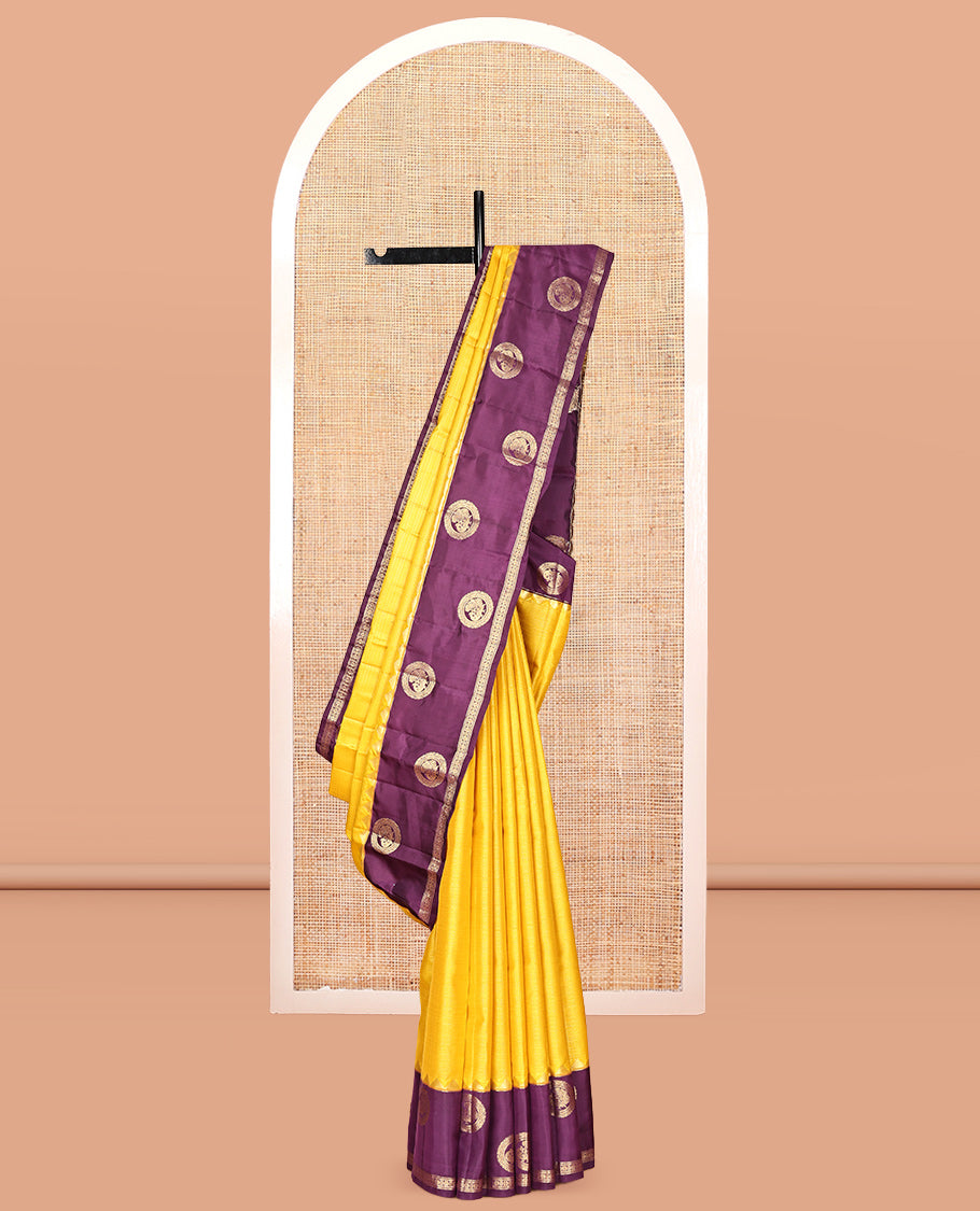 Yellow Vasundhara Lite Silk Mix Saree, a Contrast Border of Thazampoo Rekku, Muthu, Round Mayil, and Kamalam Designs, Grand Pallu, and a Contrast Blouse