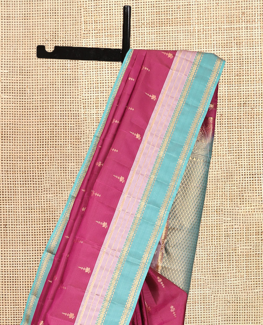 Purple Vasundhara Lite Silk Mix Saree, Elevated with Zari Buttas, a Contrast Border of Thilakam Mokku, Banaras, Rekku, and Rudraksham Design, Grand Pallu, and a Contrast Blouse