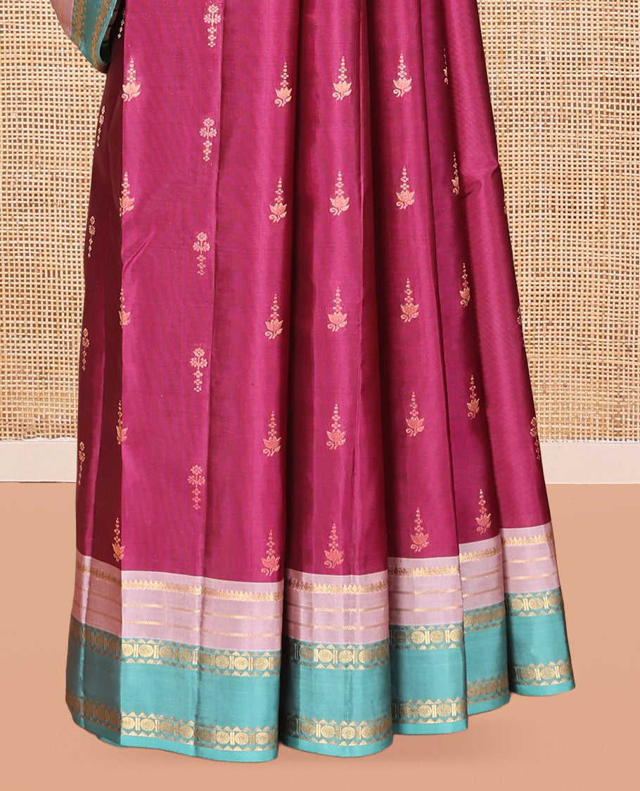 Purple Vasundhara Lite Silk Mix Saree, Elevated with Zari Buttas, a Contrast Border of Thilakam Mokku, Banaras, Rekku, and Rudraksham Design, Grand Pallu, and a Contrast Blouse