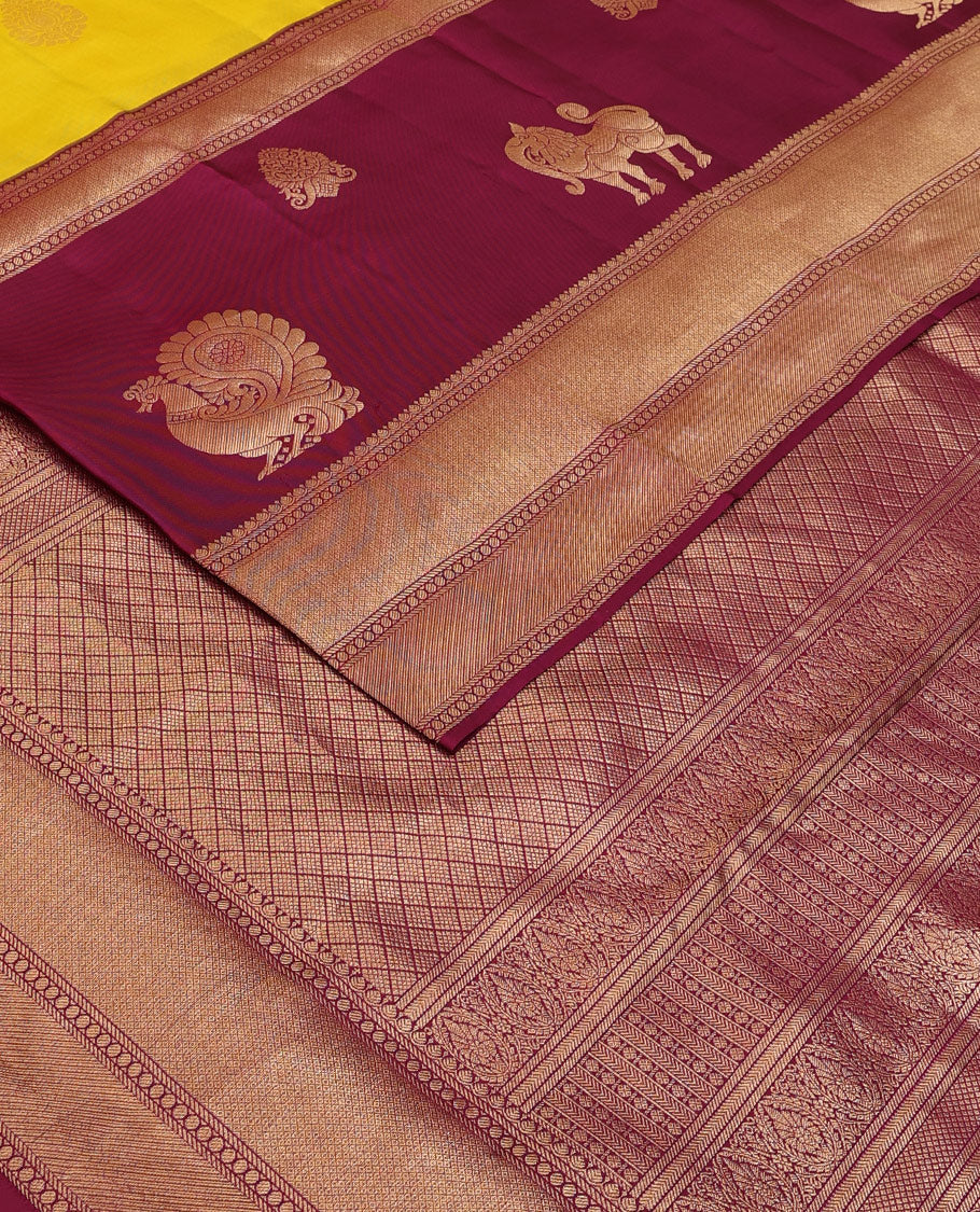 Yellow zari buttas silksaree,contrast big zari border of thilakam,banaras,paisa,mayil kann,mayil & yaali & zari-rich jaal pallu
