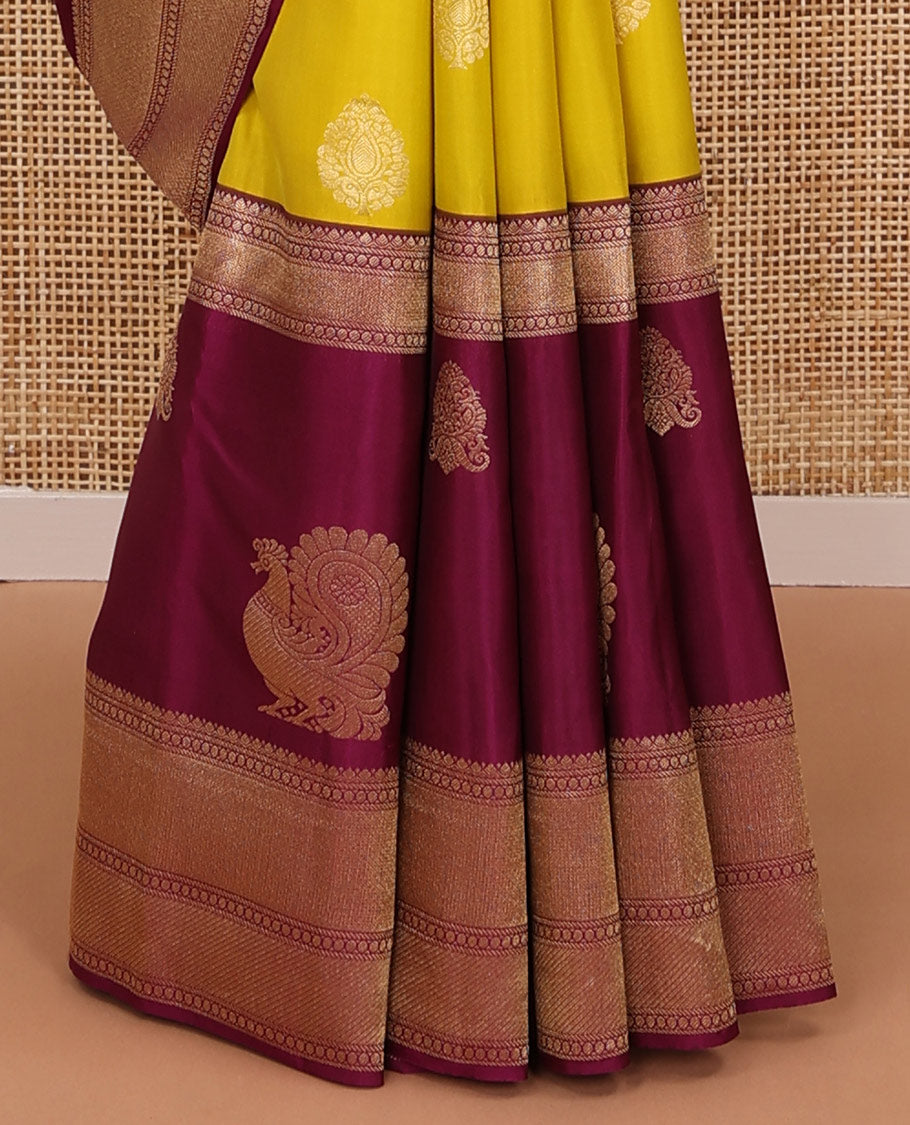 Yellow zari buttas silksaree,contrast big zari border of thilakam,banaras,paisa,mayil kann,mayil & yaali & zari-rich jaal pallu