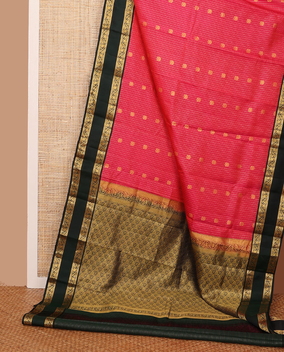 Pink checked design & zari buttas silk saree, contrast jaal pallu & rettai pettu border of banaras & kodi visiry designs