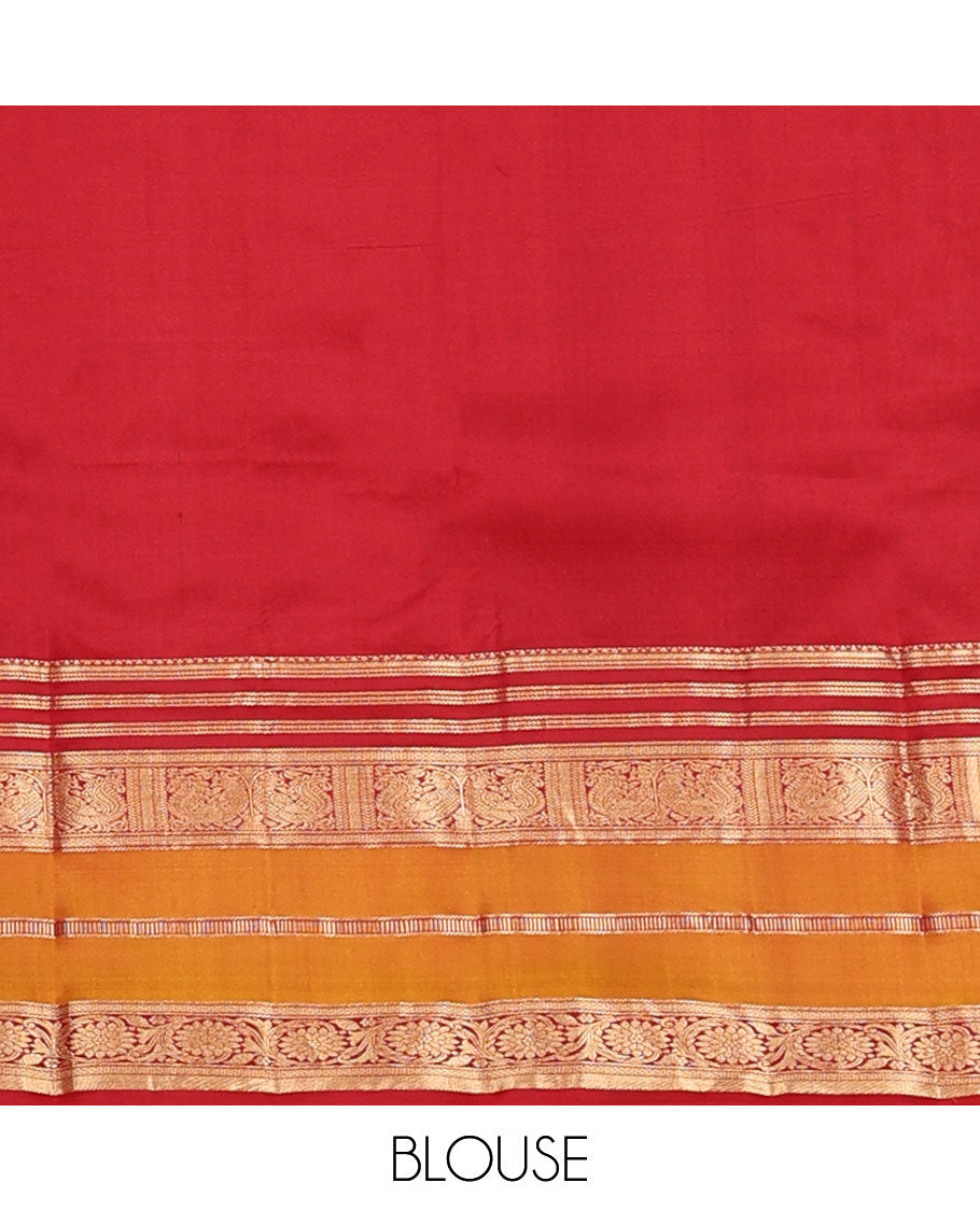 Orange zari buttas silk saree, contrast rettai pettu border of banaras,neli,mayil kann,mayil & kodi visiry designs & pallu of jaal design