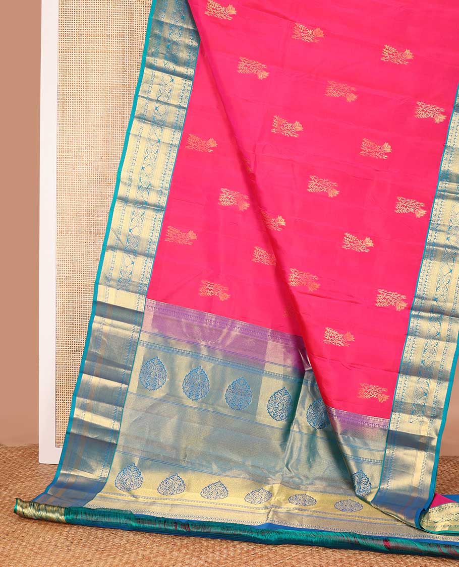 Pink zari buttas silk saree, contrast zari woven pallu, and border of kamalam,kuyil kann, thilakam mokku, and zari designs