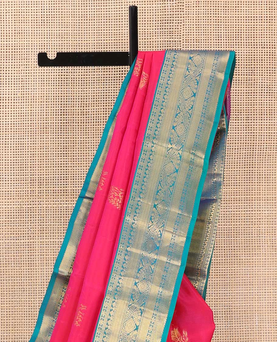 Pink zari buttas silk saree, contrast zari woven pallu, and border of kamalam,kuyil kann, thilakam mokku, and zari designs