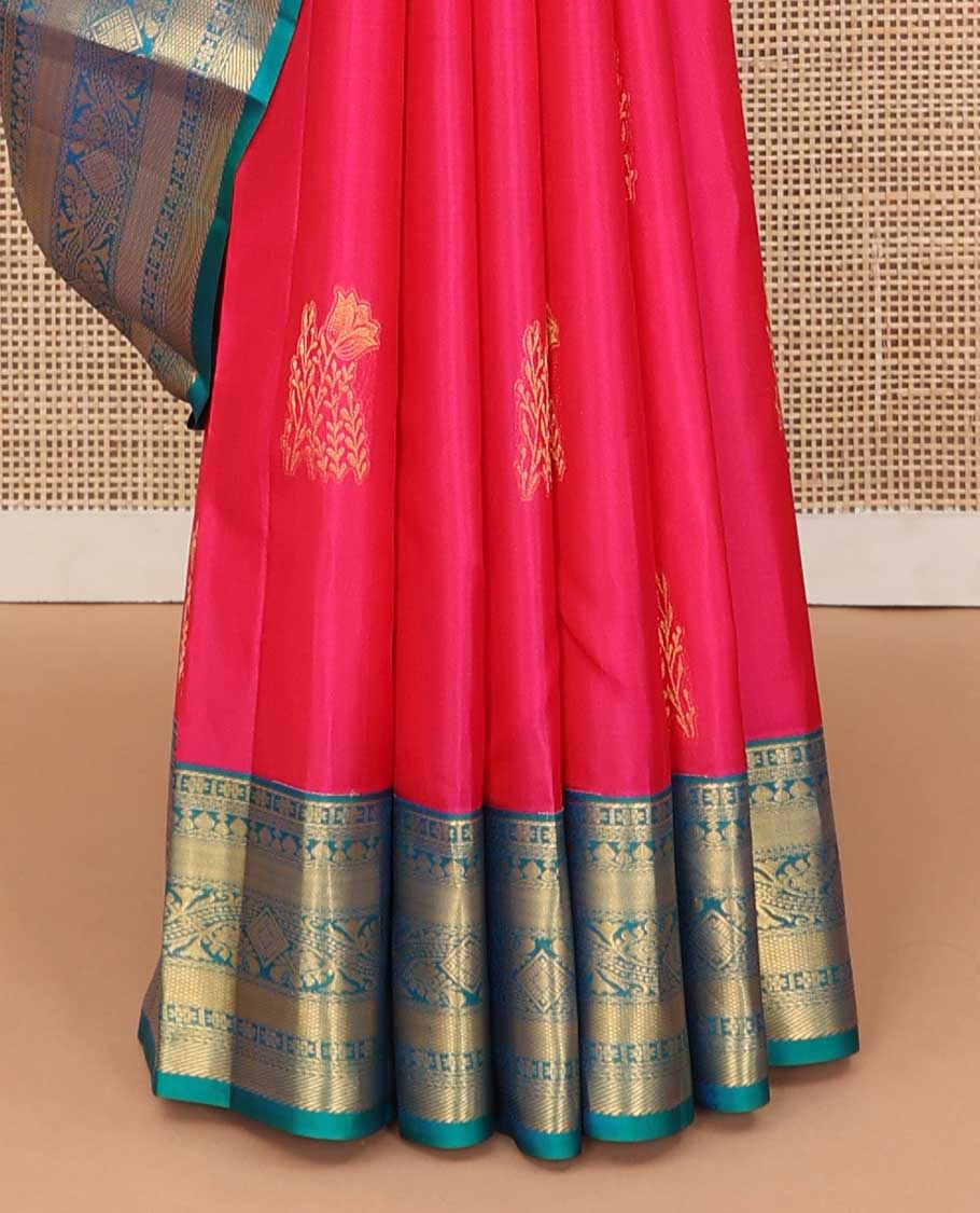 Pink zari buttas silk saree, contrast zari woven pallu, and border of kamalam,kuyil kann, thilakam mokku, and zari designs