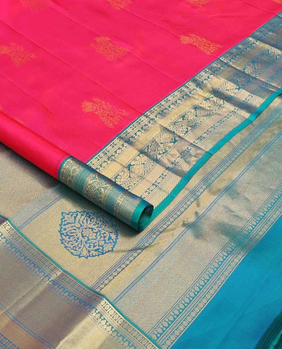 Pink zari buttas silk saree, contrast zari woven pallu, and border of kamalam,kuyil kann, thilakam mokku, and zari designs