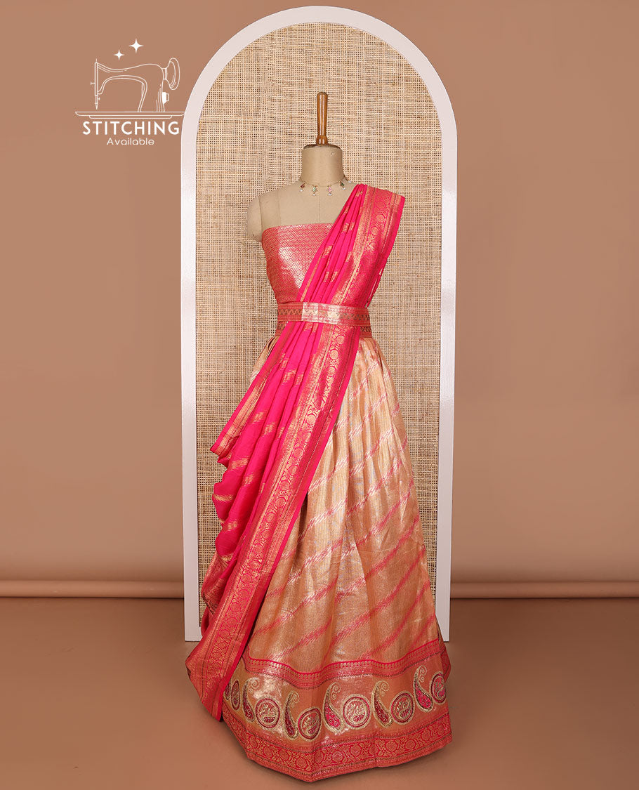 Light yellow striped tissue half saree with contrast paisley design border, zari design blouse & floral design dhavani