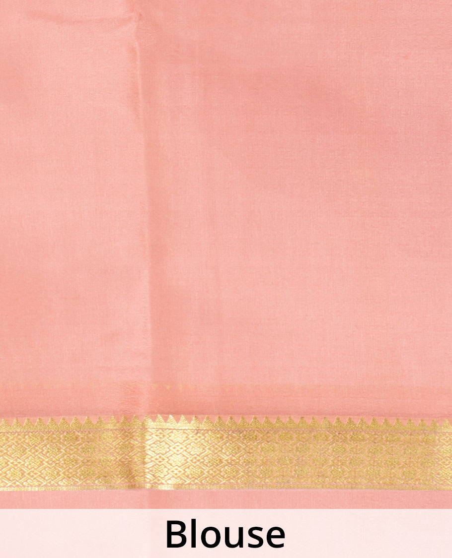 Violet Plain Mysore Silk Saree, Complemented by Contrast Temple Zari Border, Gleaming Zari Woven Pallu of Zari Stripes, and Paired with a Contrast Blouse