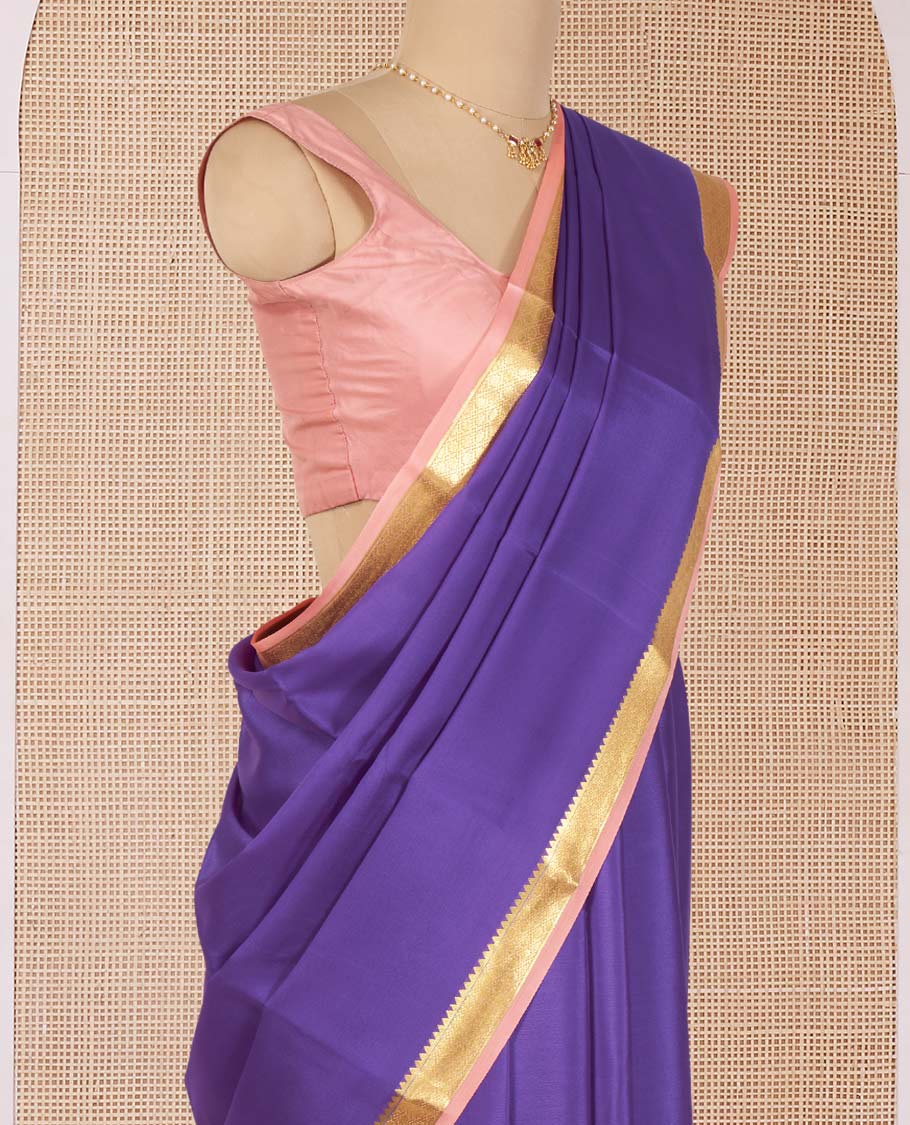 Violet Plain Mysore Silk Saree, Complemented by Contrast Temple Zari Border, Gleaming Zari Woven Pallu of Zari Stripes, and Paired with a Contrast Blouse