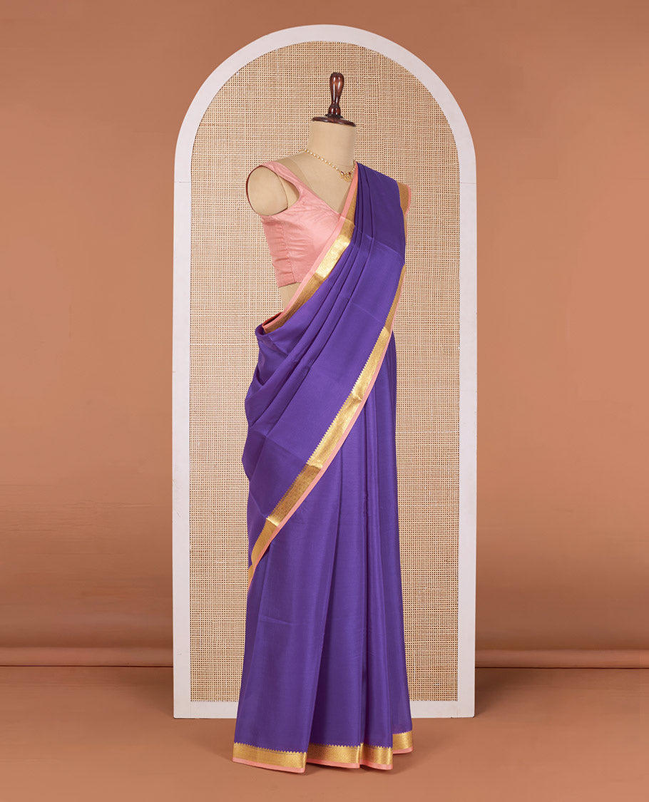 Violet Plain Mysore Silk Saree, Complemented by Contrast Temple Zari Border, Gleaming Zari Woven Pallu of Zari Stripes, and Paired with a Contrast Blouse