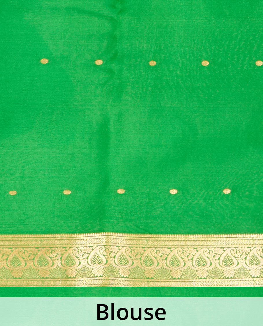 Orange Mysore Silk Saree Enriched with Zari Buttas, Complemented by a Contrast Border Featuring Paisley Zari Designs, Pallu Steeped with Zari Stripes, and Paired with a Contrast Blouse