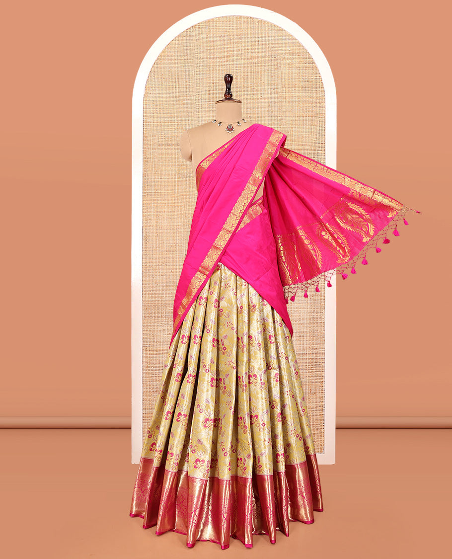 Yellow Art Silk Material Half Saree Set, Ornamented with Floral Jacquard Skirt, a Contrast Traditional Design Border, Contrast Blouse, and an Intricate Dhavani
