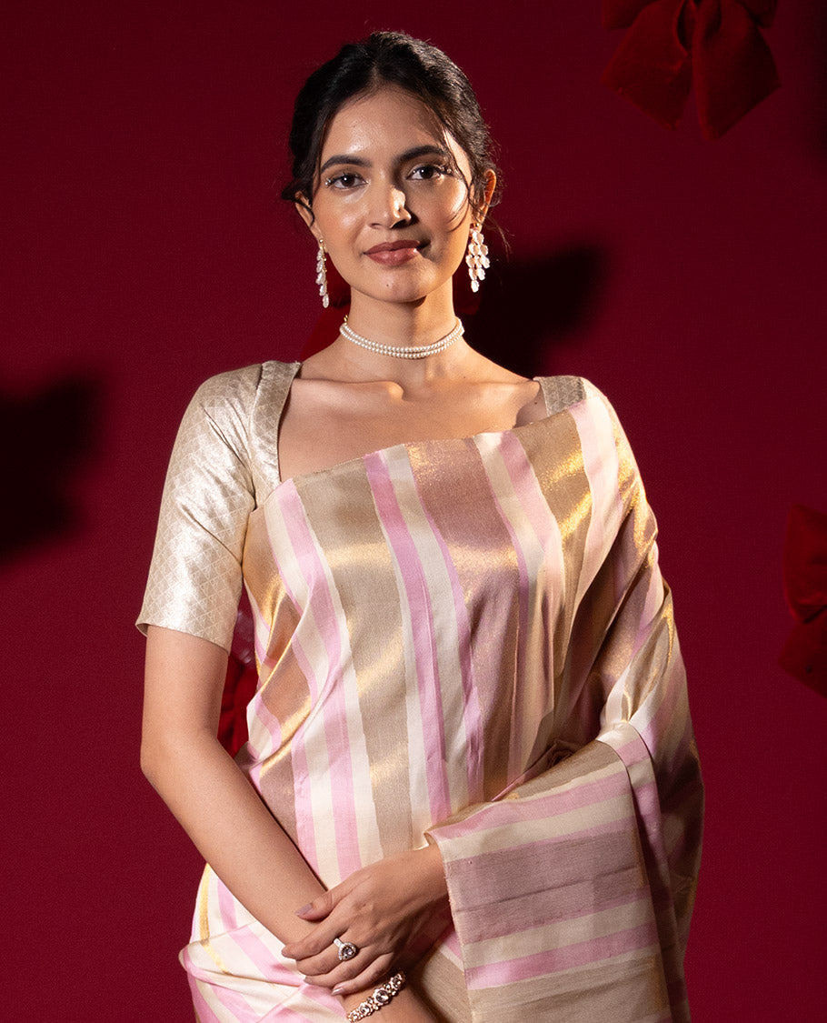 Borderless multi-color thazampoo rekku zari woven Kanchipuram silk saree, zari-rich pallu of seppu rekku designs