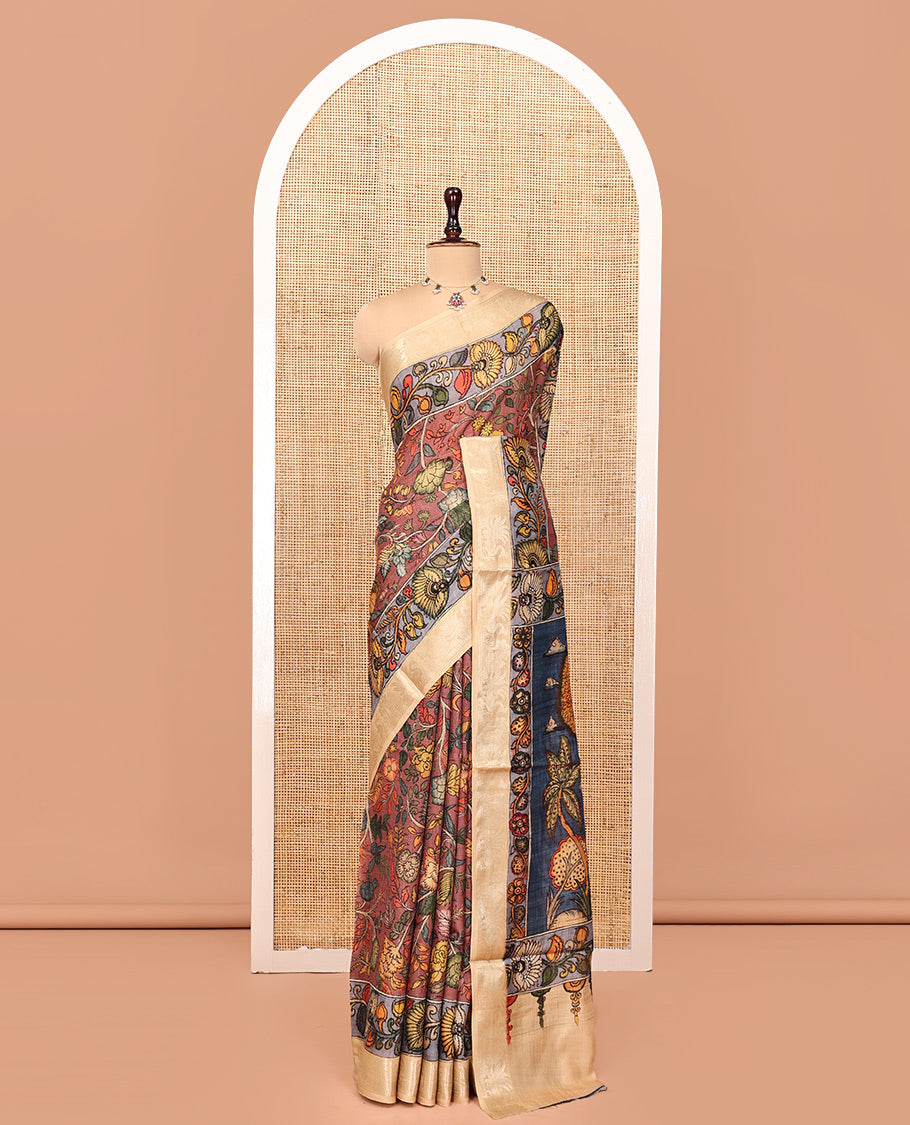 Brown Kalamkari Saree, Embellished with Floral Vine Print, Complemented by Contrast Zari Border, Pallu of Lord Krishna Print, and a Contrast Blouse