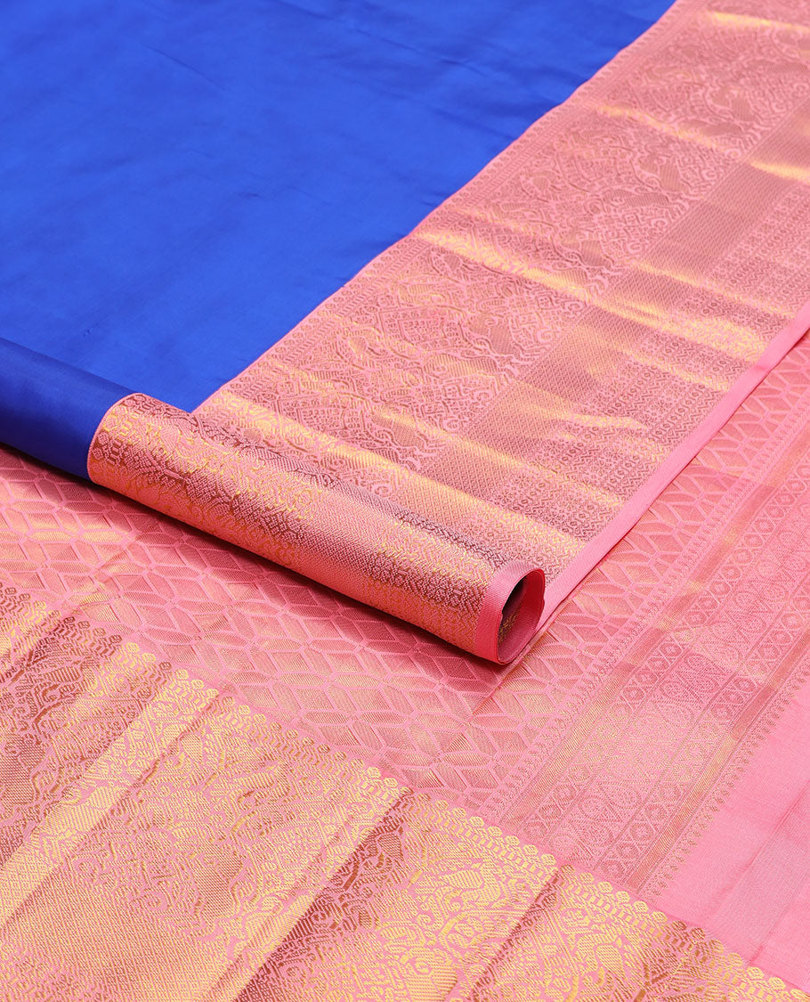 Blue leaf buttas silk saree with contrast intricate zari design border & floral zari design pallu