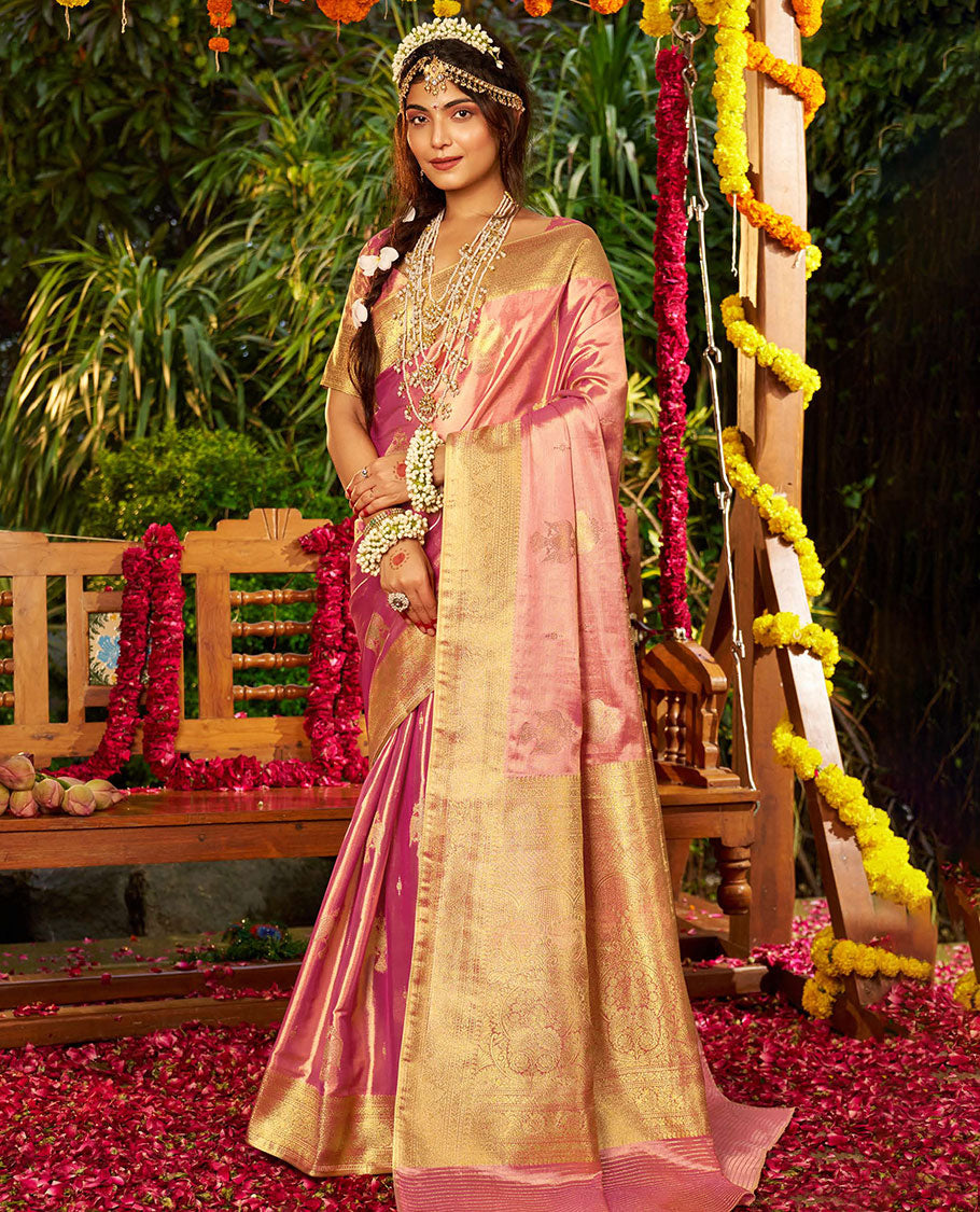 Pink Designer Catalog Saree, Prettified with Two-Headed Bird Buttas All Over Its Body, Highlighted by Traditional Zari Design Border, Pallu Depicts Intricate Designs, and Paired with a Matching Blouse
