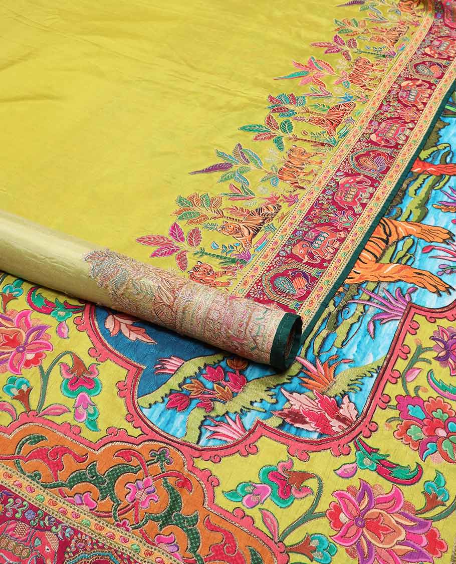 Mustard forest theme design dola saree with contrast elephant design border & forest theme design pallu