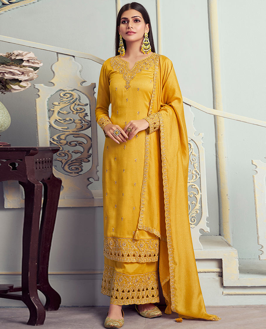 Yellow dress material catalouge floral thread embroidery top with embroidery palazzo pants & floral embroidery scallop border dupatta