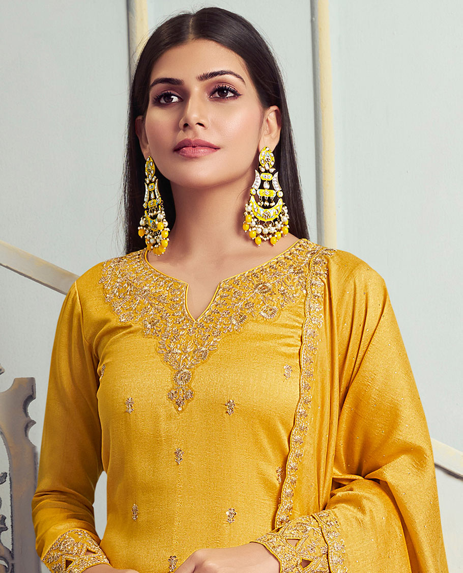 Yellow dress material catalouge floral thread embroidery top with embroidery palazzo pants & floral embroidery scallop border dupatta