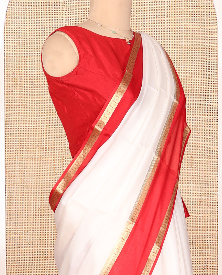 White Plain Mysore Silk Saree, Complemented by a Contrast Traditional Zari Border, Zari Design Pallu, and a Contrast Blouse