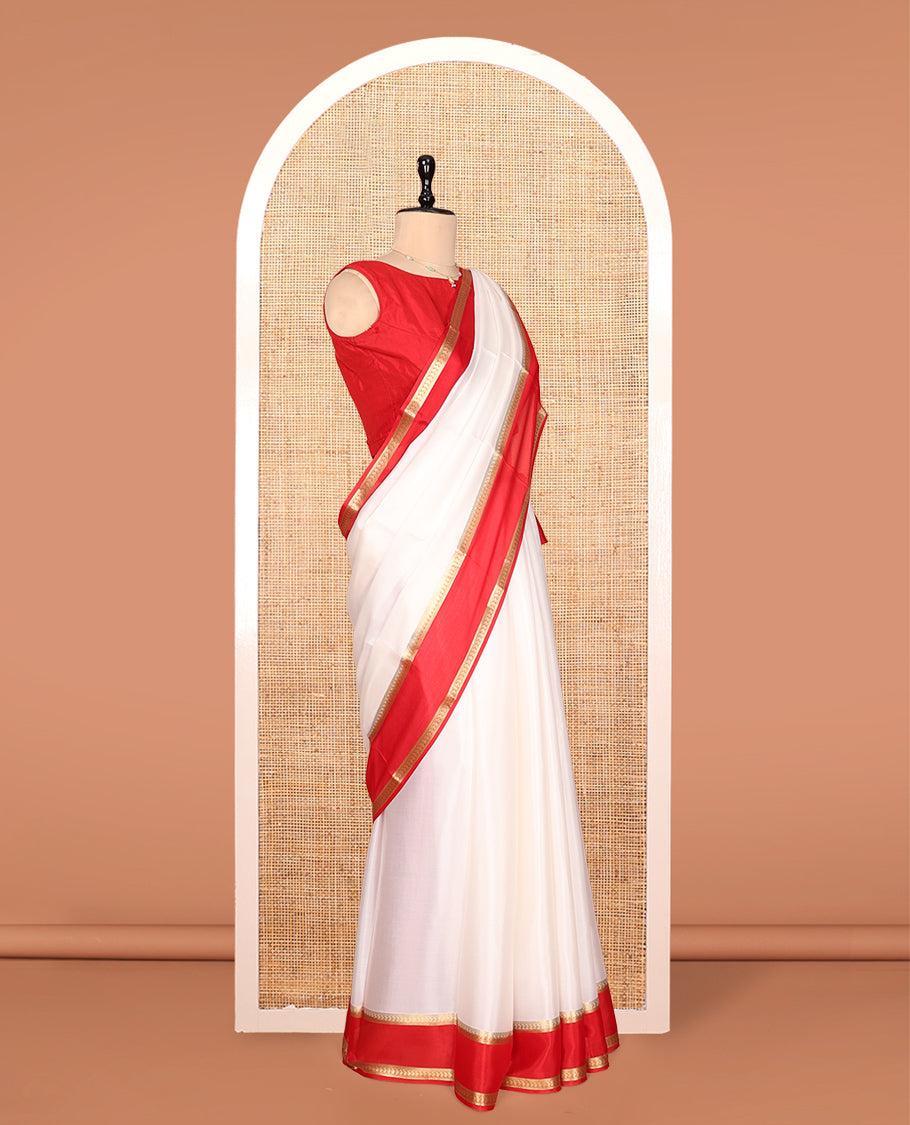 White Plain Mysore Silk Saree, Complemented by a Contrast Traditional Zari Border, Zari Design Pallu, and a Contrast Blouse