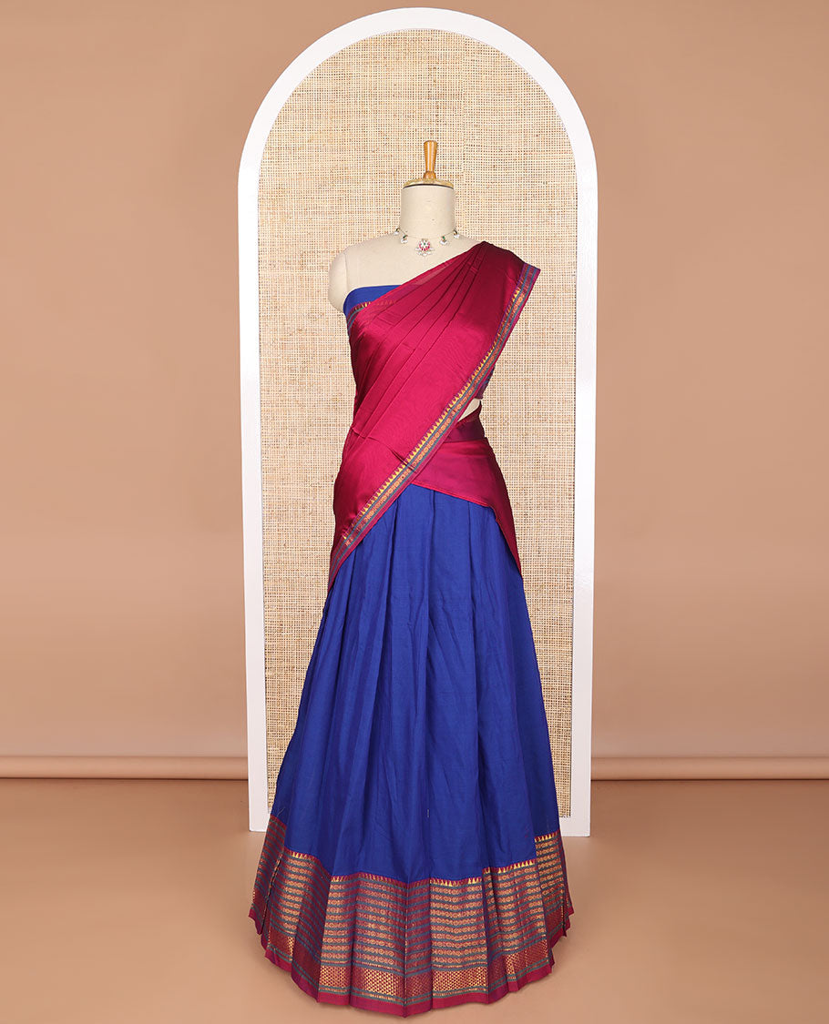 Blue cotton half saree with temple, paun design border & zari design blouse & zari design border dhavani