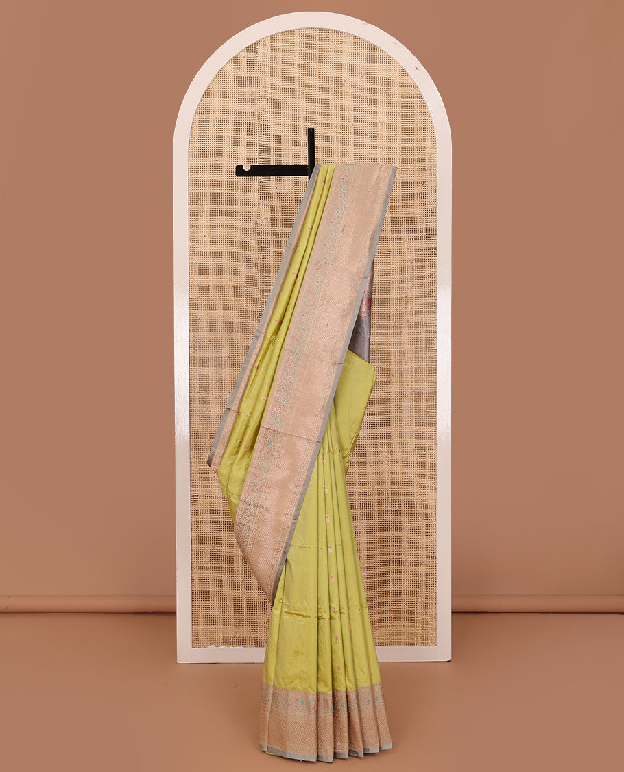 Green meena buttas katan silk saree, contrast tarditional border of meenakari floral designs, and jaal pallu
