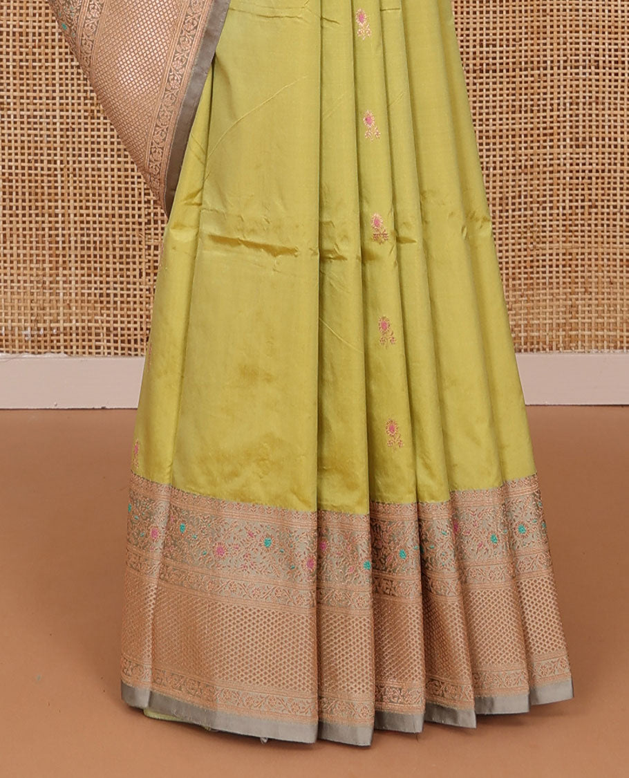 Green meena buttas katan silk saree, contrast tarditional border of meenakari floral designs, and jaal pallu