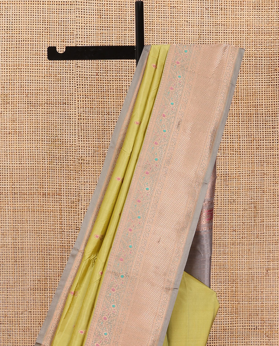 Green meena buttas katan silk saree, contrast tarditional border of meenakari floral designs, and jaal pallu
