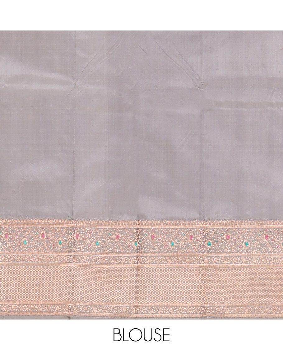 Green meena buttas katan silk saree, contrast tarditional border of meenakari floral designs, and jaal pallu