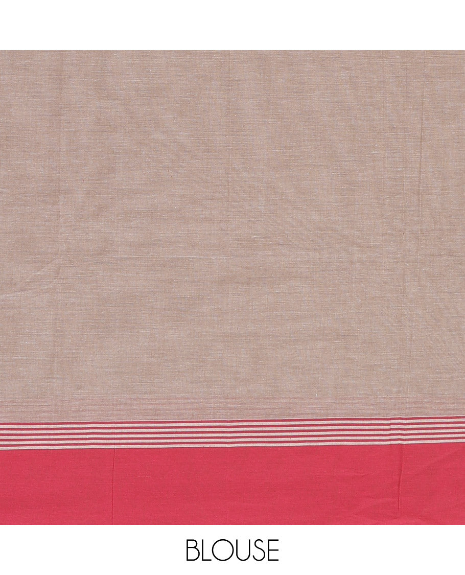 Brown buttas Kanchi cotton saree, contrast plain border, and pallu of jaal designs