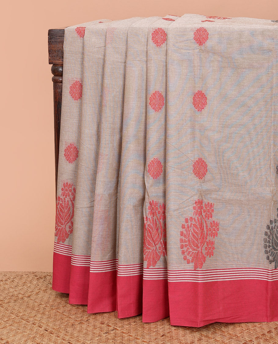 Brown buttas Kanchi cotton saree, contrast plain border, and pallu of jaal designs