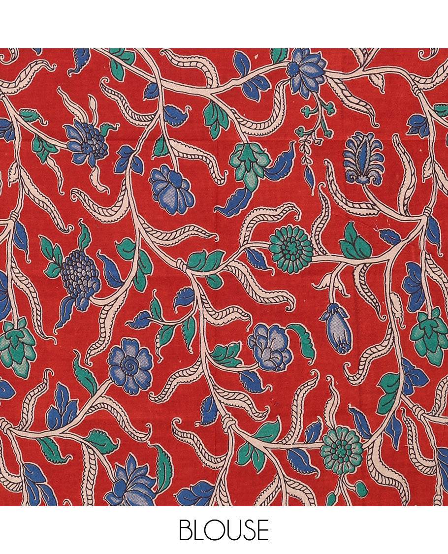 Green sparesly striped Mangalagiri Cotton saree, traditional motifs rose copper zari border, plain pallu, and contrast kalamkari floral printed blouse