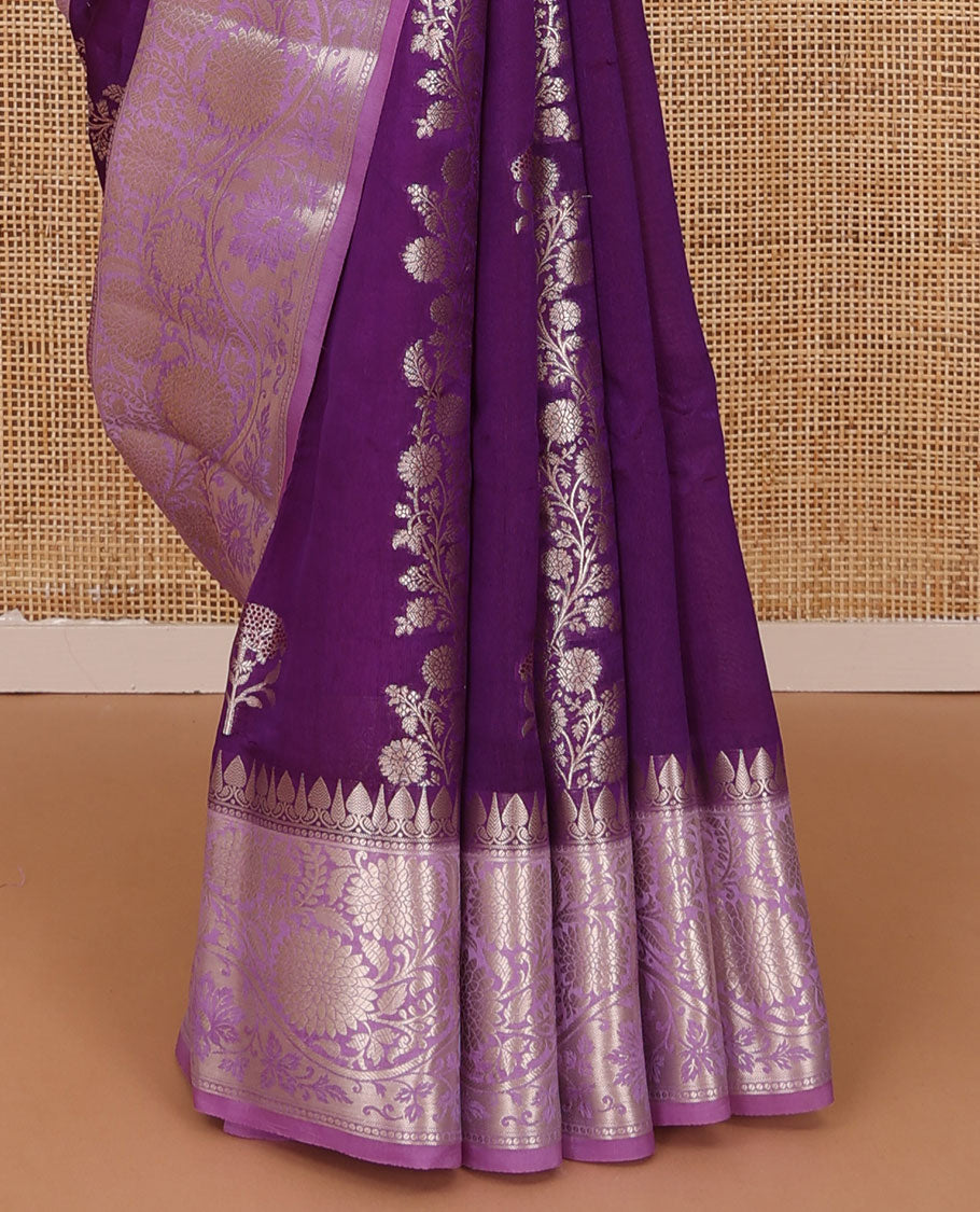 Purple floral buttas, and diagonal striped silk saree, contrast traditional zari border of floral creeper design & Mughal floral design pallu