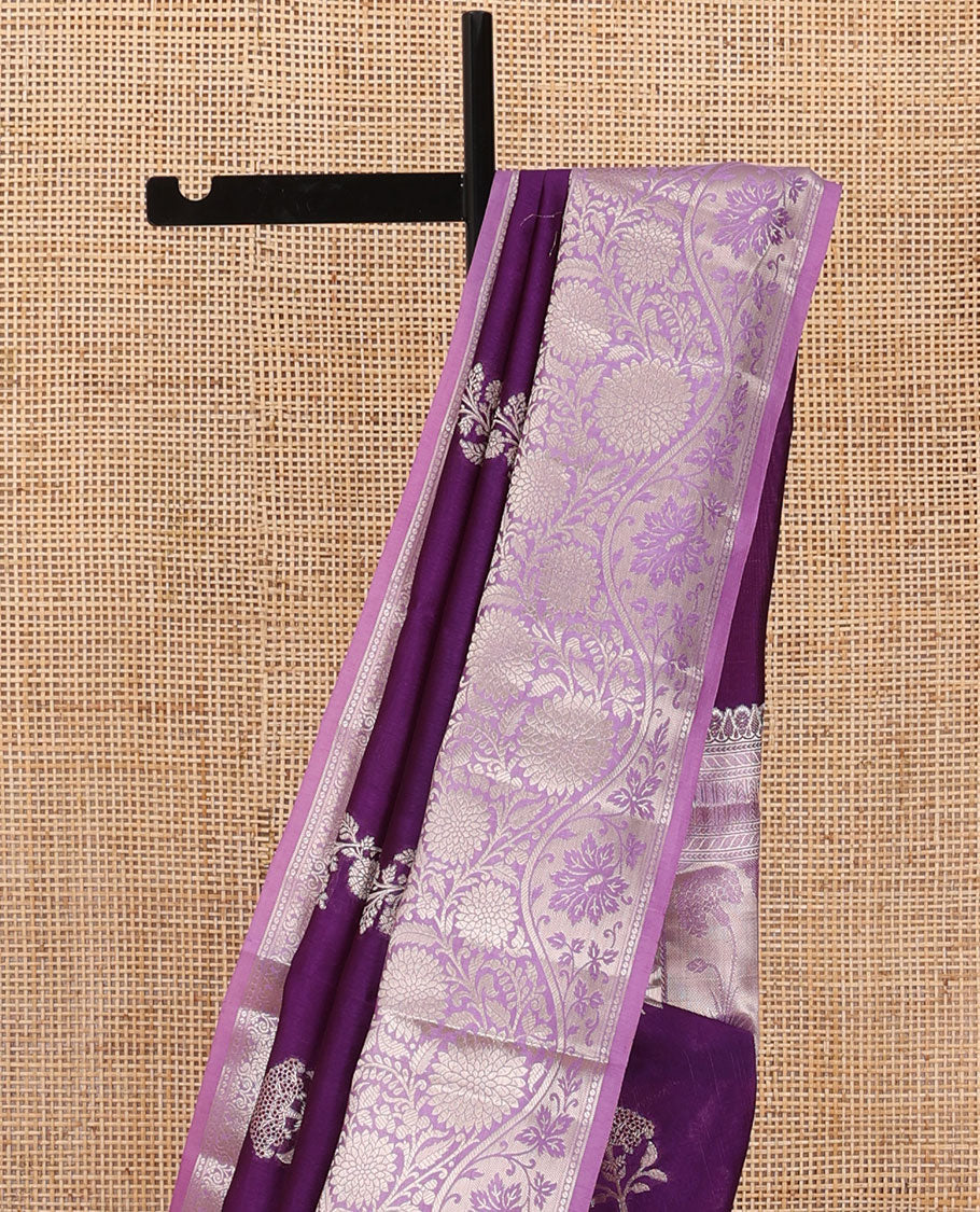 Purple floral buttas, and diagonal striped silk saree, contrast traditional zari border of floral creeper design & Mughal floral design pallu