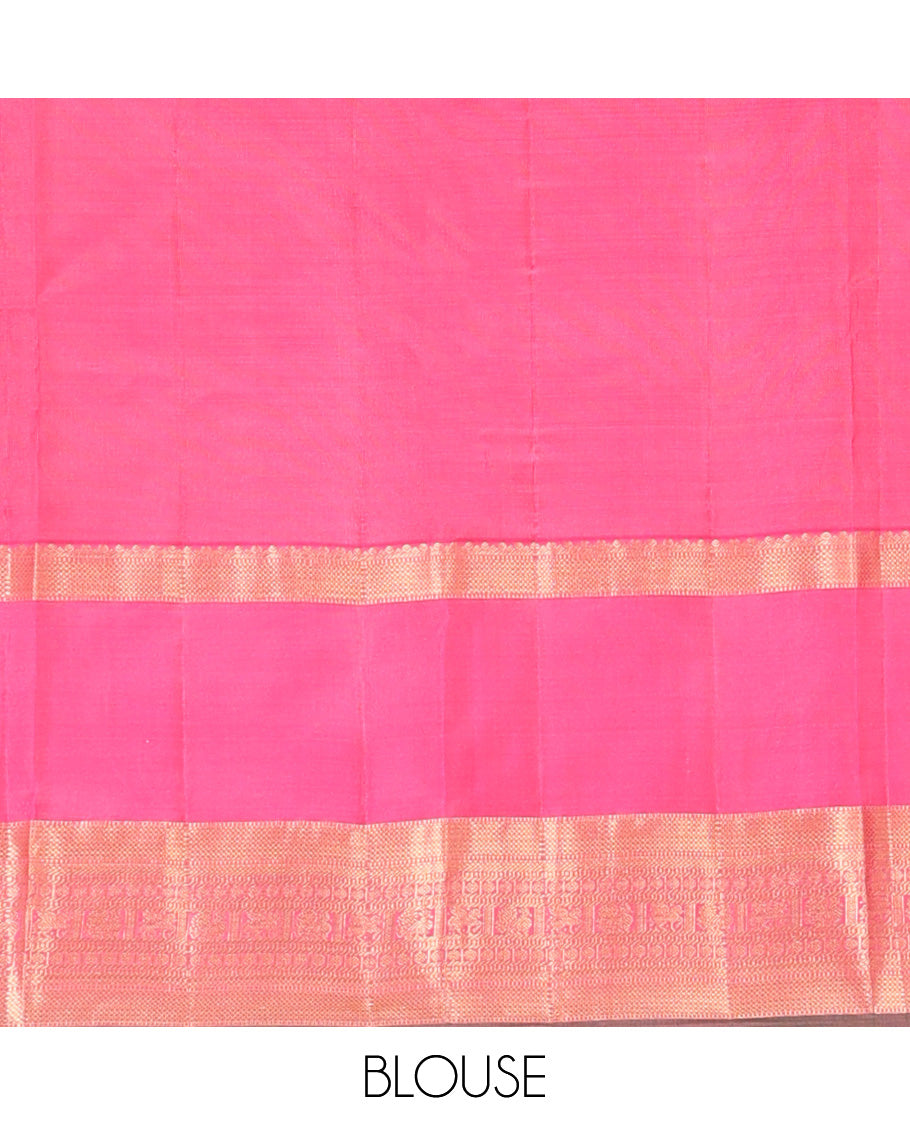Pink plain Kanchipuram silk saree, contrast rettai pettu border of muthu, kathir, kuyil kann,rudraksham, mayil, and kuthirai designs, and mayil kann pallu