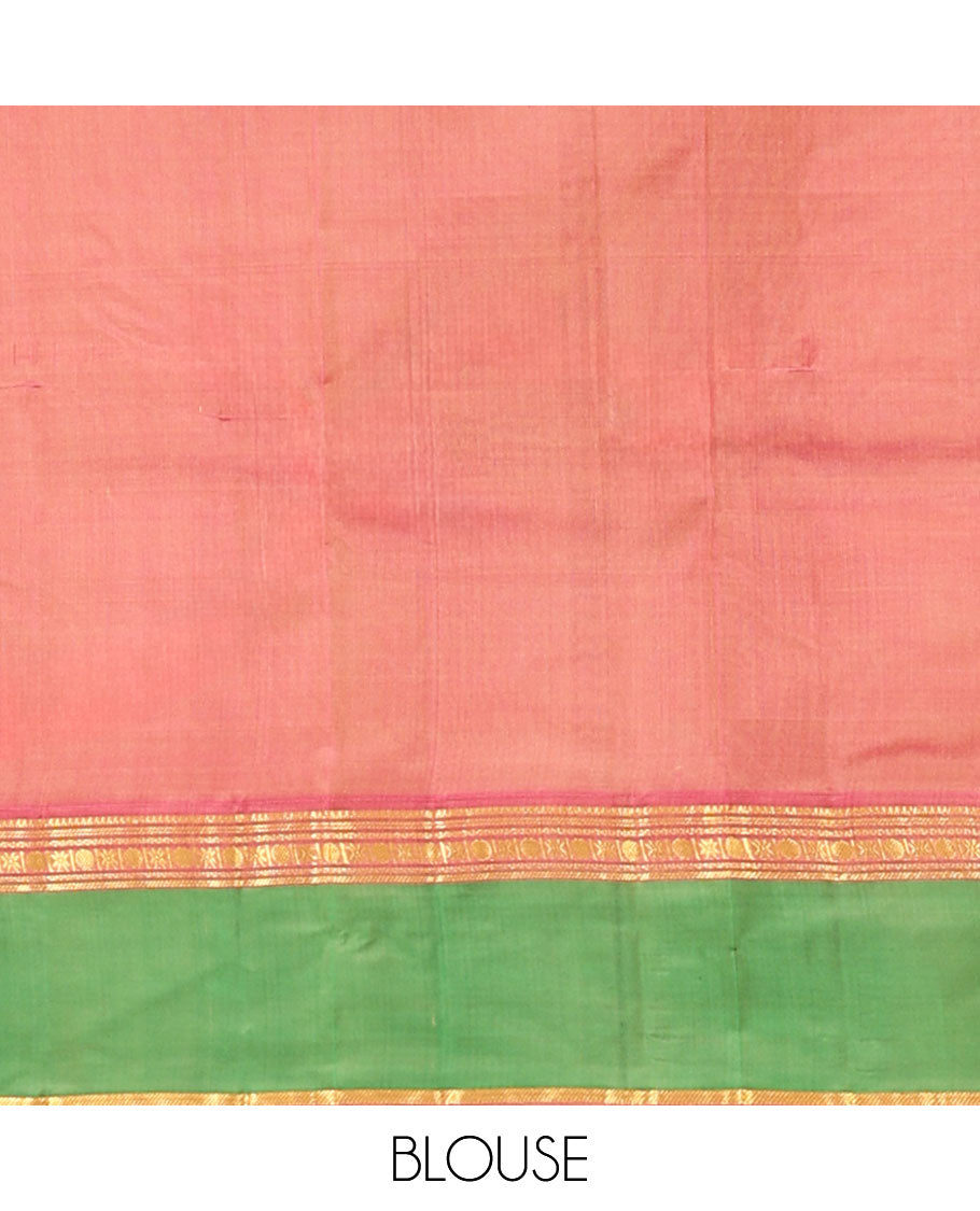 Sandal plain Kanchipuram silk saree, contrast rettai pettu border of rekku, neli, poun, star vanki, and banaras designs, and zari design pallu
