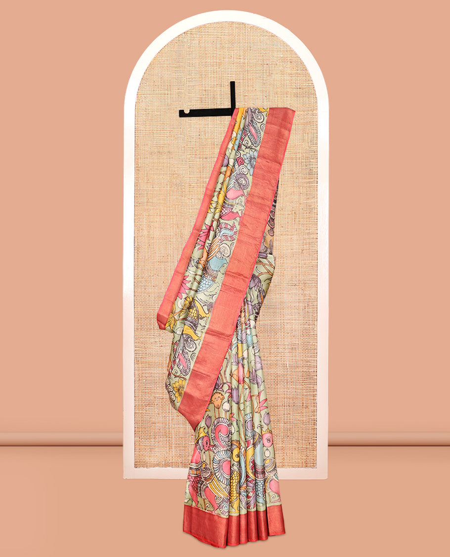 Green Floral-Peacock Pen Kalamkari Silk Saree, a Contrast Border, Human Motifs Pallu, Contrast Blouse