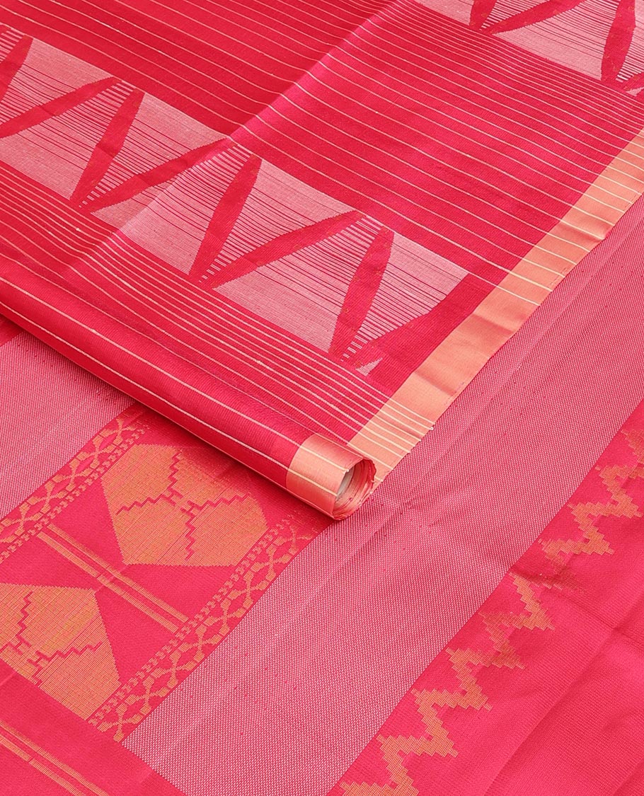 Pink stripes & triangle motifs soft silk saree, zari border & geometric patterned pallu